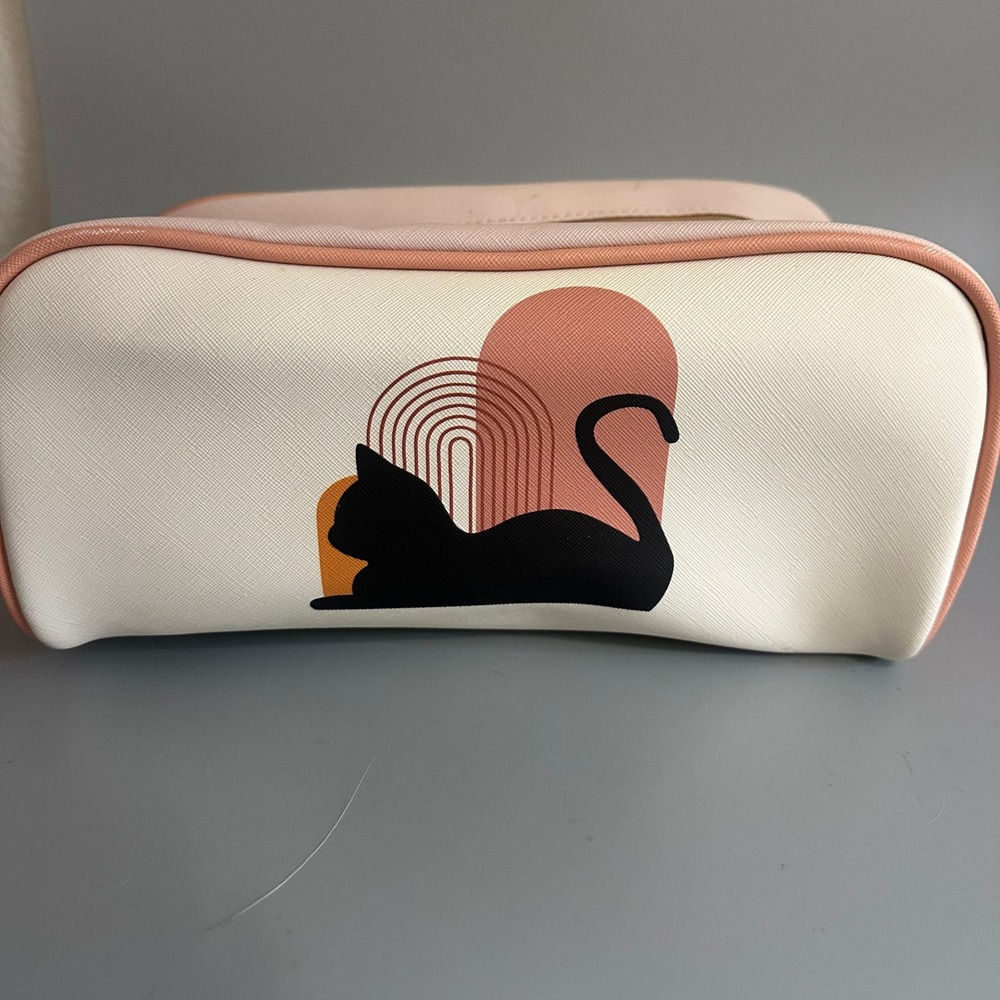 Boho Black Cat Cosmetic Bag Travel Makeup Case Pink Cream Faux Leather Organizer